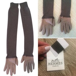 HERMES Tan Leather & Cashmere Long Gloves MEDIUM